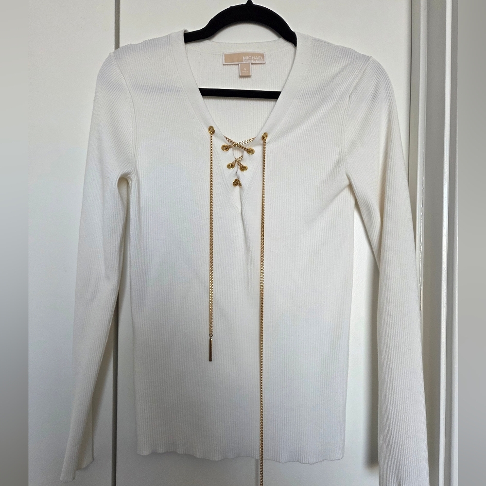 Michael Kors Cream Long Sleeve Top with Gold Accent